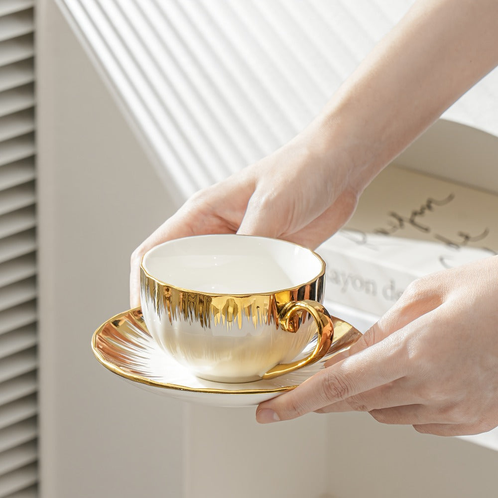 European Ceramic Coffee Cup and Saucer Set of 6 – Light Luxury 8.45oz Porcelain Tea Cups with Plates | Elegant Floral Dinnerware for Wedding