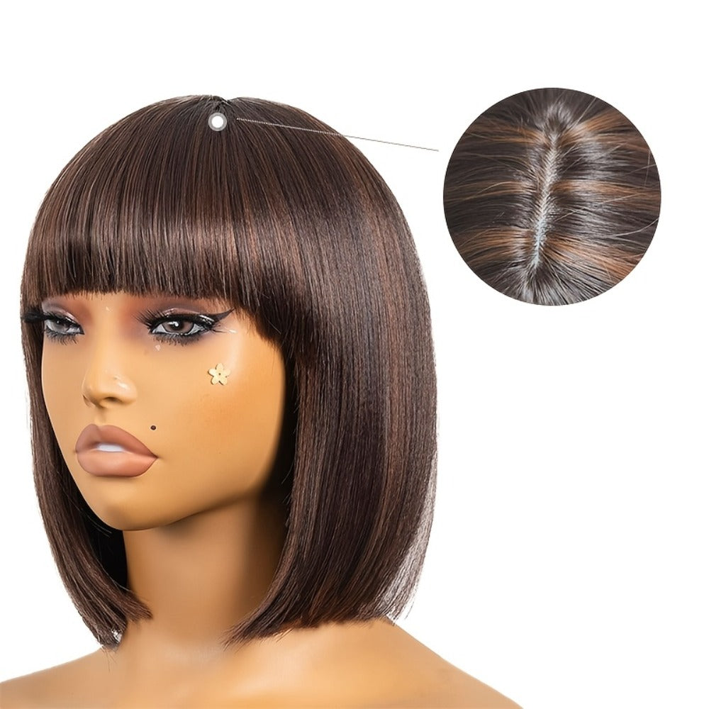 Yaki Straight Bob Wig with Bangs 10 Inch Brown Highlight M4/30 Blunt Cut Heat Resistant Synthetic Short Natural Looking Bob for Women Daily