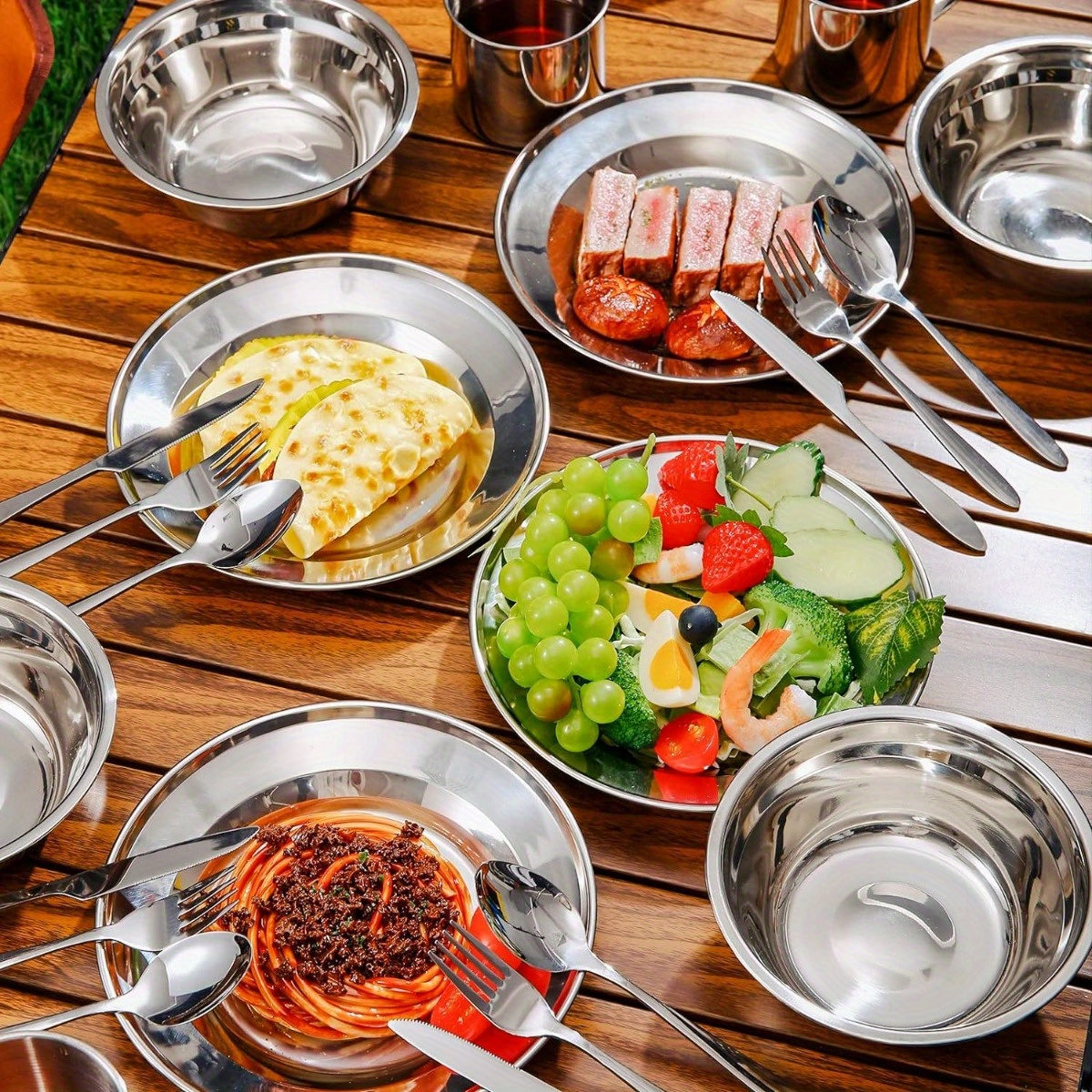 Stainless Steel Camping Mess Kit 29 Piece Dinnerware Set – Plates Bowls Mugs Cutlery, for Camping, Travel and Outdoor Use