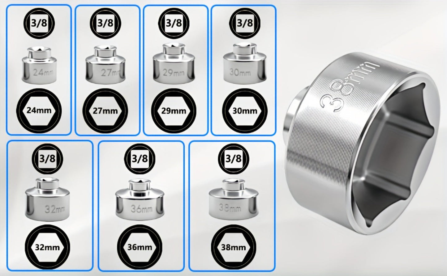 7-Piece Oil Filter Wrench Socket Set – CR-V Steel Hexagonal Cap Wrenches 24mm to 38mm, 3/8-Inch Drive, Universal Fit for Car Oil Filter