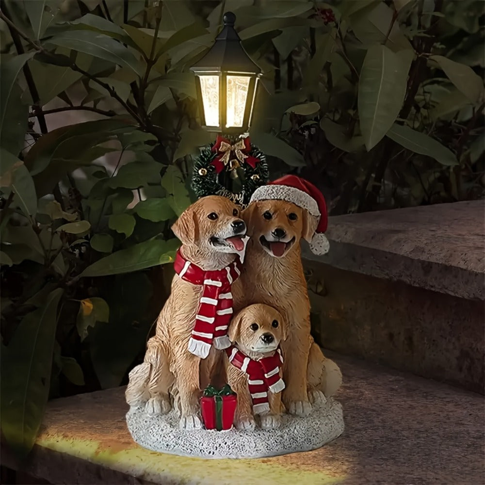 Golden Retriever Family LED Christmas Figurines - Realistic Resin Dog Statues with Santa Hats