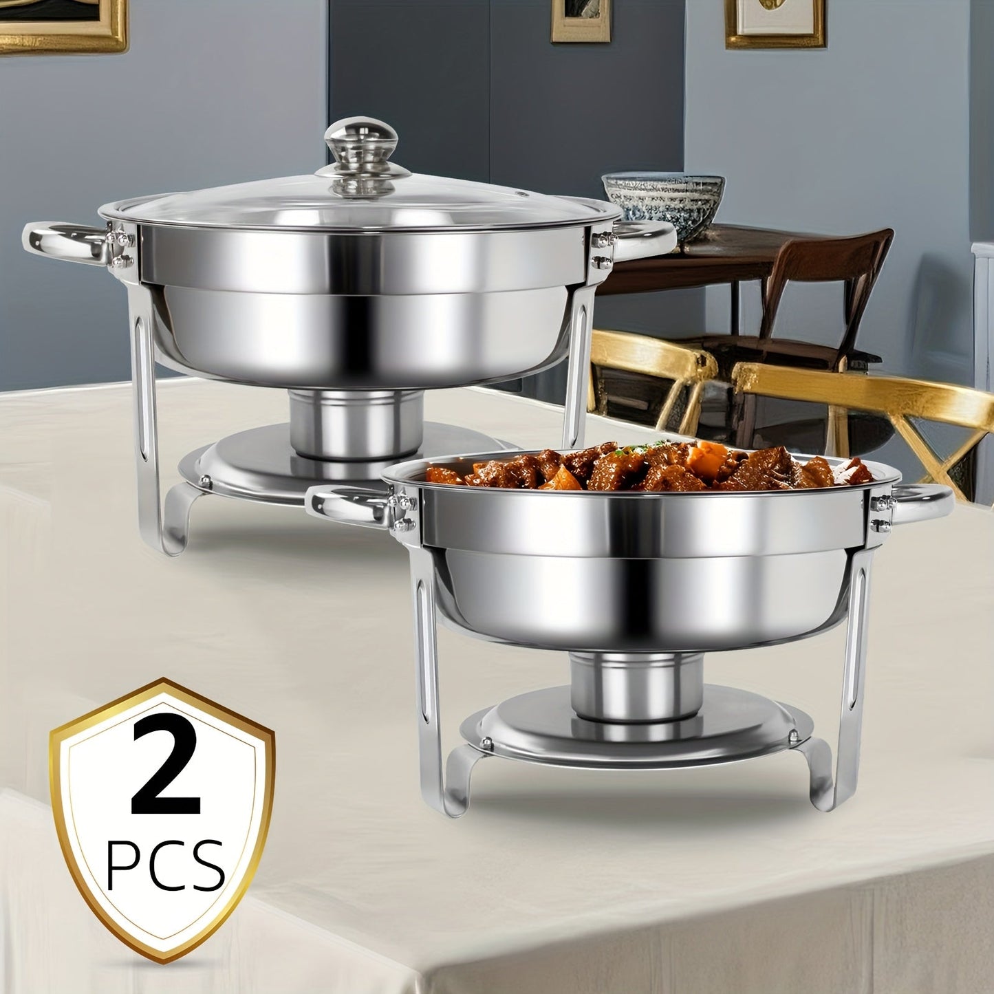Golden Chafing Dish Buffet Set with Glass Lid 6QT Round Stainless Steel Food Warmer Chafer for Catering Party Dinners Weddings