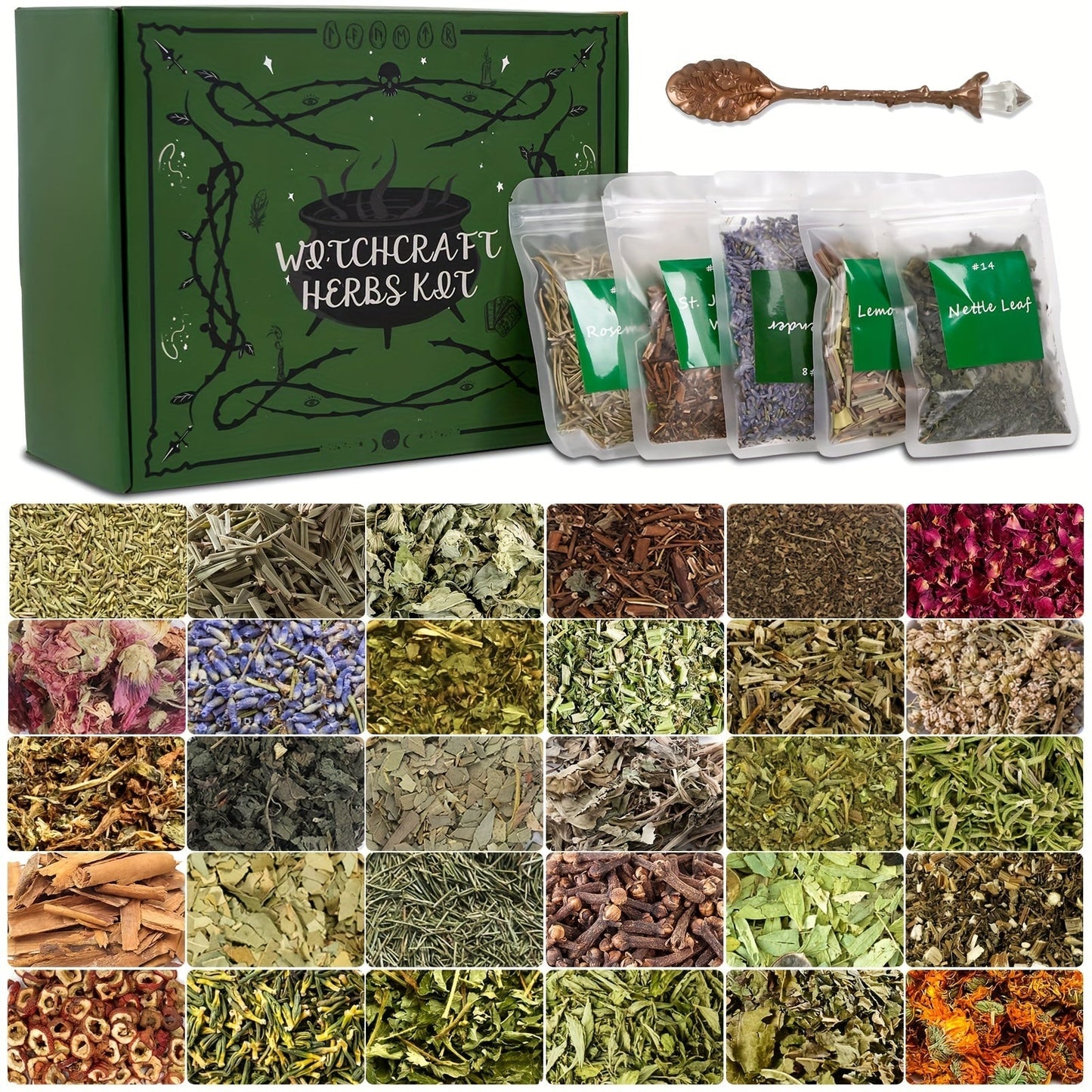 Dried Herbs Kit 30 Packs for Wicca Witchcraft Rituals Altar Supplies Magic Spells with Metal for Entryways, Bedrooms and Living Spaces