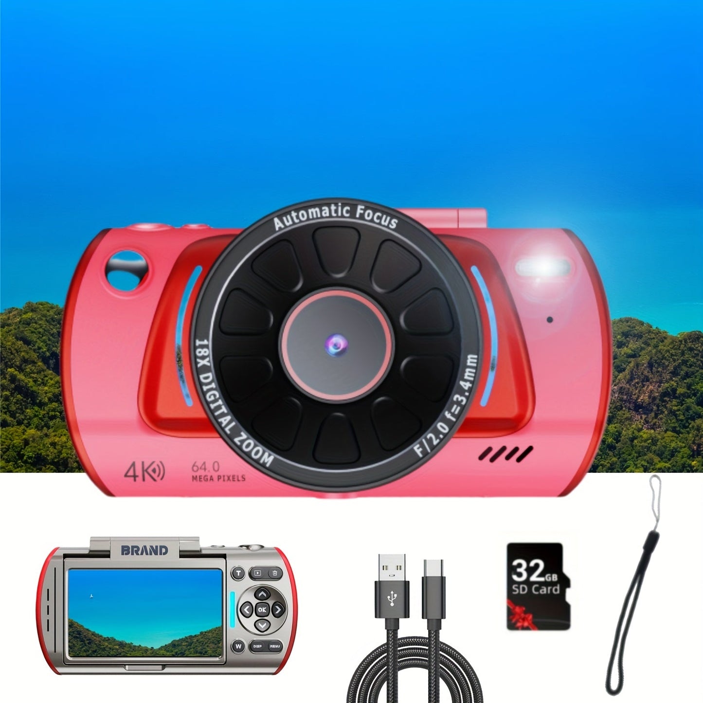 Digital Camera with Flip Screen, 4K Vlogging Model with 48MP Capture Marking, WiFi, 3-Inch 180° Flip Screen, 16X Digital Zoom and 32GB Card