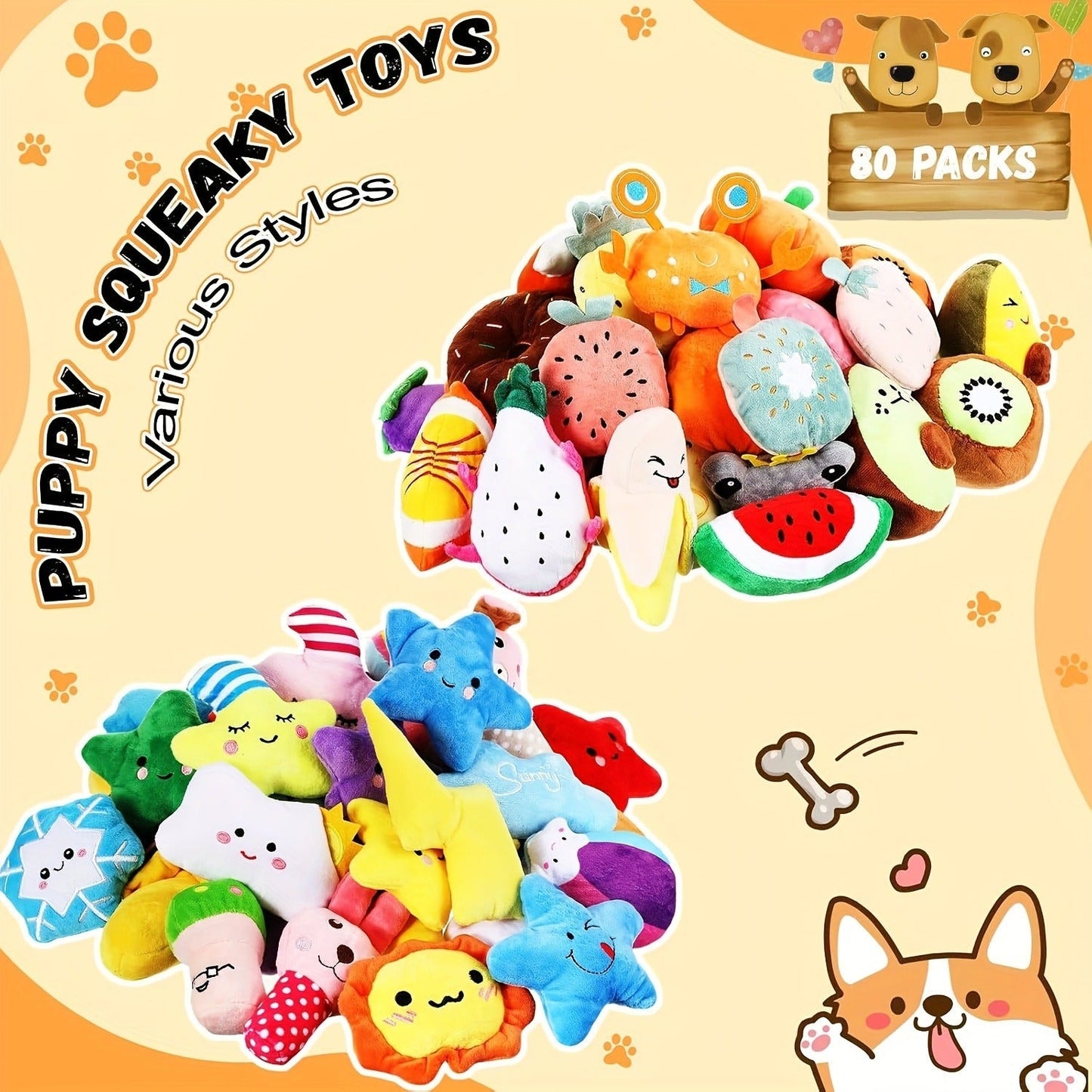Dog Toys 80-Piece Squeaky Plush Assortment with Fruit, Animal and Novelty Shapes for Small or Medium Dogs