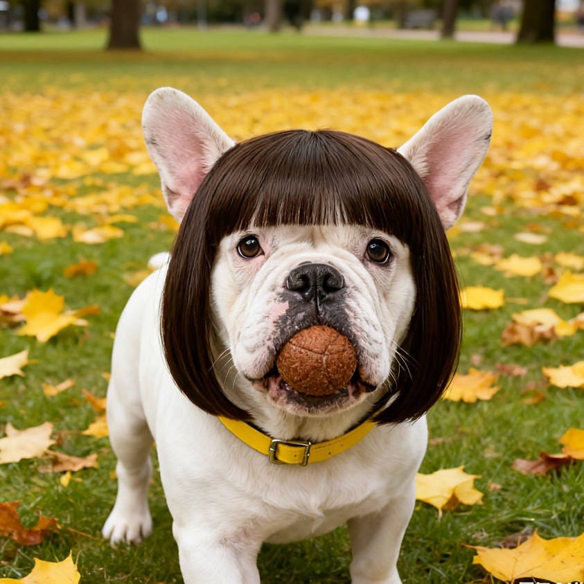 Dog Wig Costume for Small Medium Dogs, Funny Pet Hair Headpiece Adjustable Heat-Resistant Trimmable Black Brown Wig for Halloween Christmas