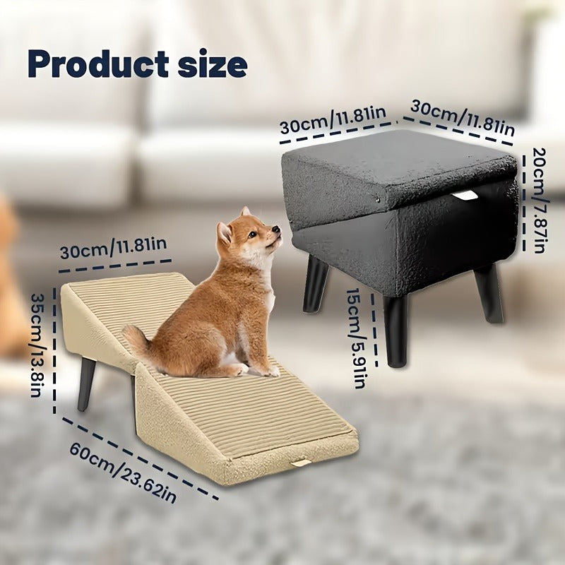 Dog Ramp 2-in-1 Foldable Ottoman Pet Stairs for Sofa Bed, Solid Wood Frame Heavy-Duty Small Dog Steps with Anti-Scratch Rounded Edges