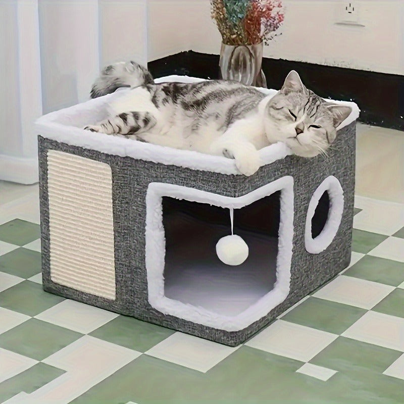 Multi-Tier Cat House & Indoor Cat Cube Bed – Foldable 2-Level Cat Tree with Scratching Post, Toy Tunnel & Plush Hanging Ball