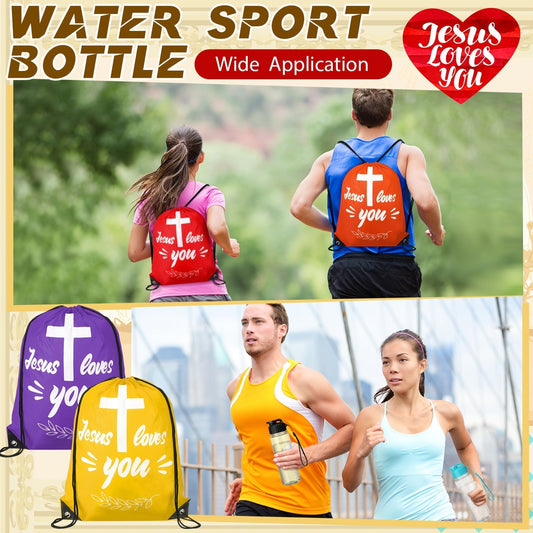 Christian Party Gifts Bulk Set 20pcs – 10 Drawstring Backpacks & 10 Sport Bottles with Bible Verses, God Loves You Church Event Favors