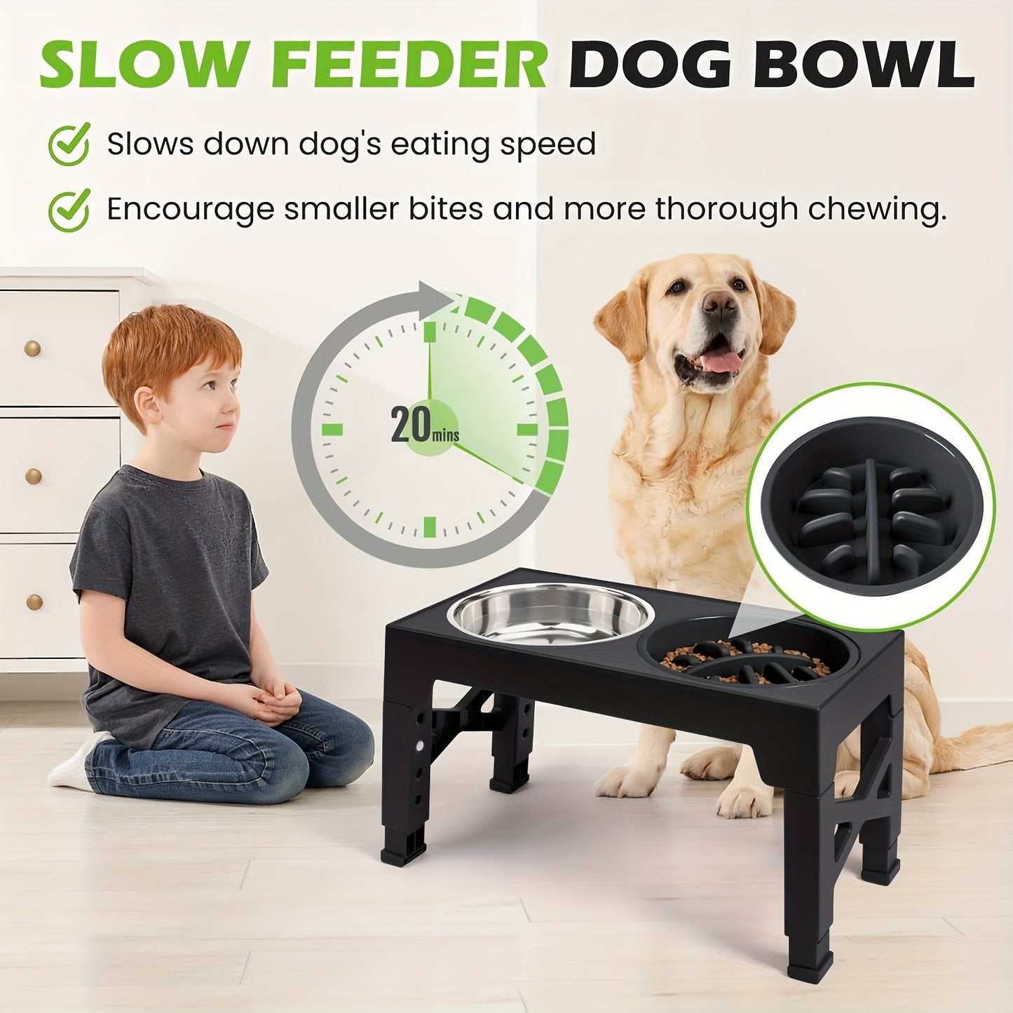 Elevated Dog Bowl Stand with 3 Stainless Steel Bowls – 5 Adjustable Heights, Slow Feeder Design for Small Medium Large Dogs | Anti-Slip