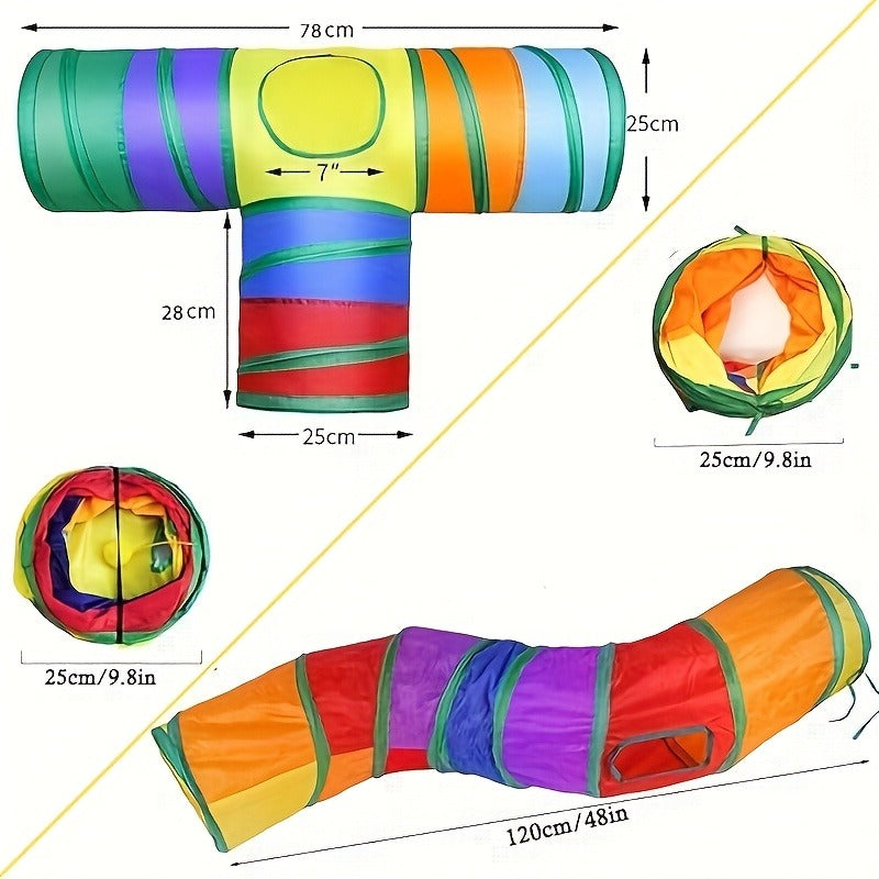 Collapsible Cat Tunnel Toy – Foldable S-Shaped & 3-Way Tube with Ball & Peek Holes, Rainbow Colors, Connectable Cat Play Tunnel for Indoor