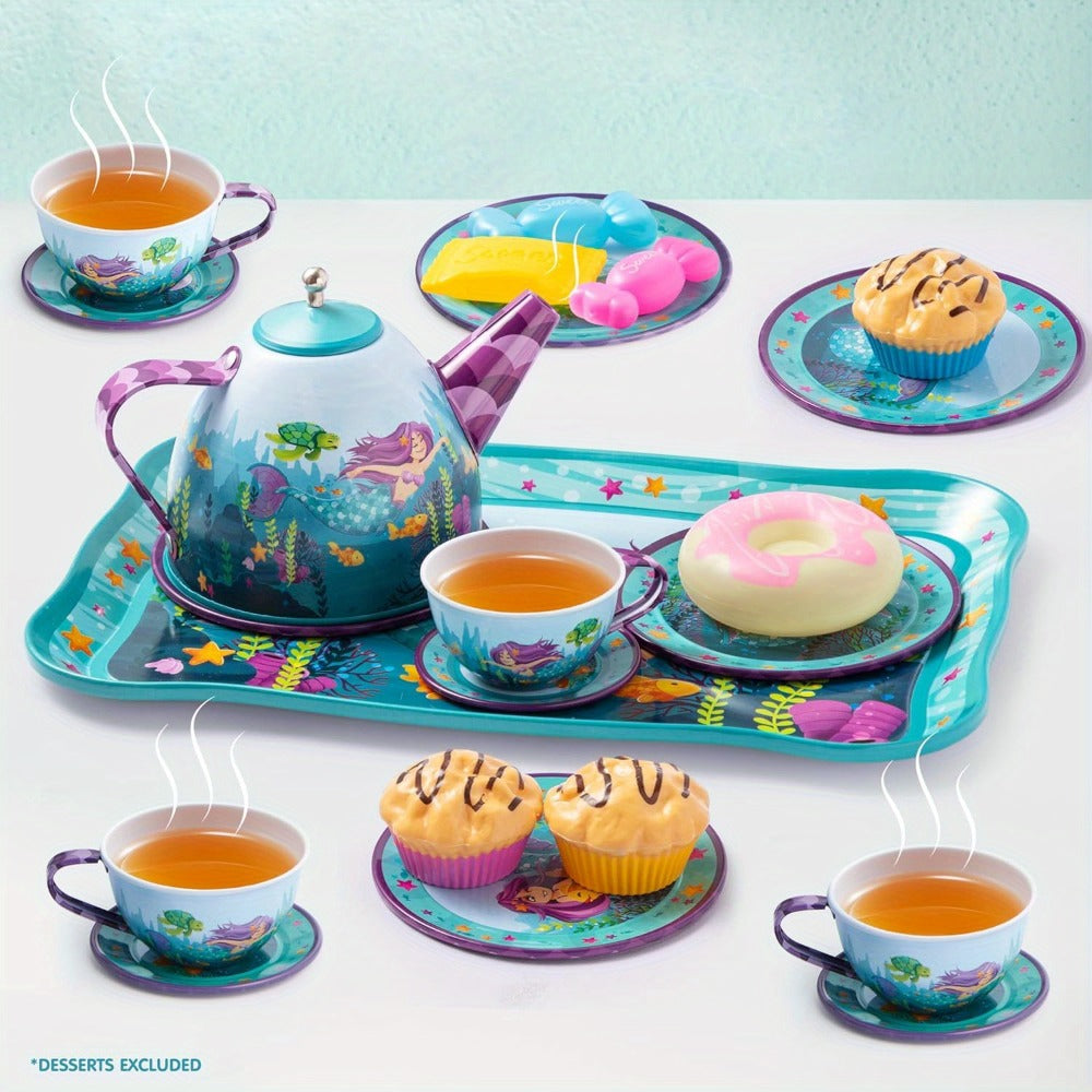Mermaid Tea Party Set for Girls 21pcs, Tin Teapot, 4 Cups, Saucers, Plates & Carrying Case, Pretend Play Kitchen Toy for Toddlers