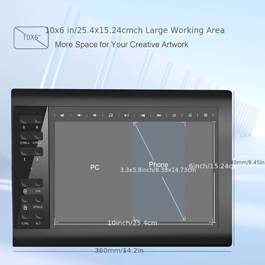 Graphics Drawing Tablet 10x6 Inch, 8192 Levels Pressure Sensitivity Battery-Free Stylus, 12 Programmable Shortcut Keys