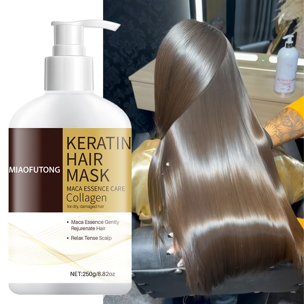 250g Keratin and Collagen Hair Mask in Pump Bottle with Argan, Castor and Rosemary Oils Named on Label