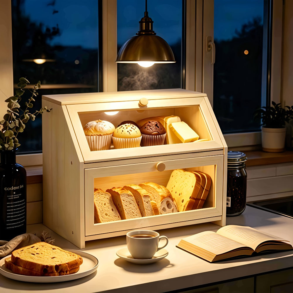 Bread Box for Kitchen Countertop, Large Bread Storage Container with Transparent Window, Multi-Layer Design for Loaves