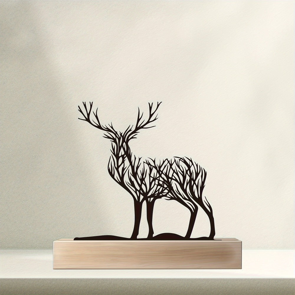 Deer Branch Silhouette Tabletop Decor with Black Iron-Metal Figures, Wood-Look Base and 5.9 x 5.9-Inch Size