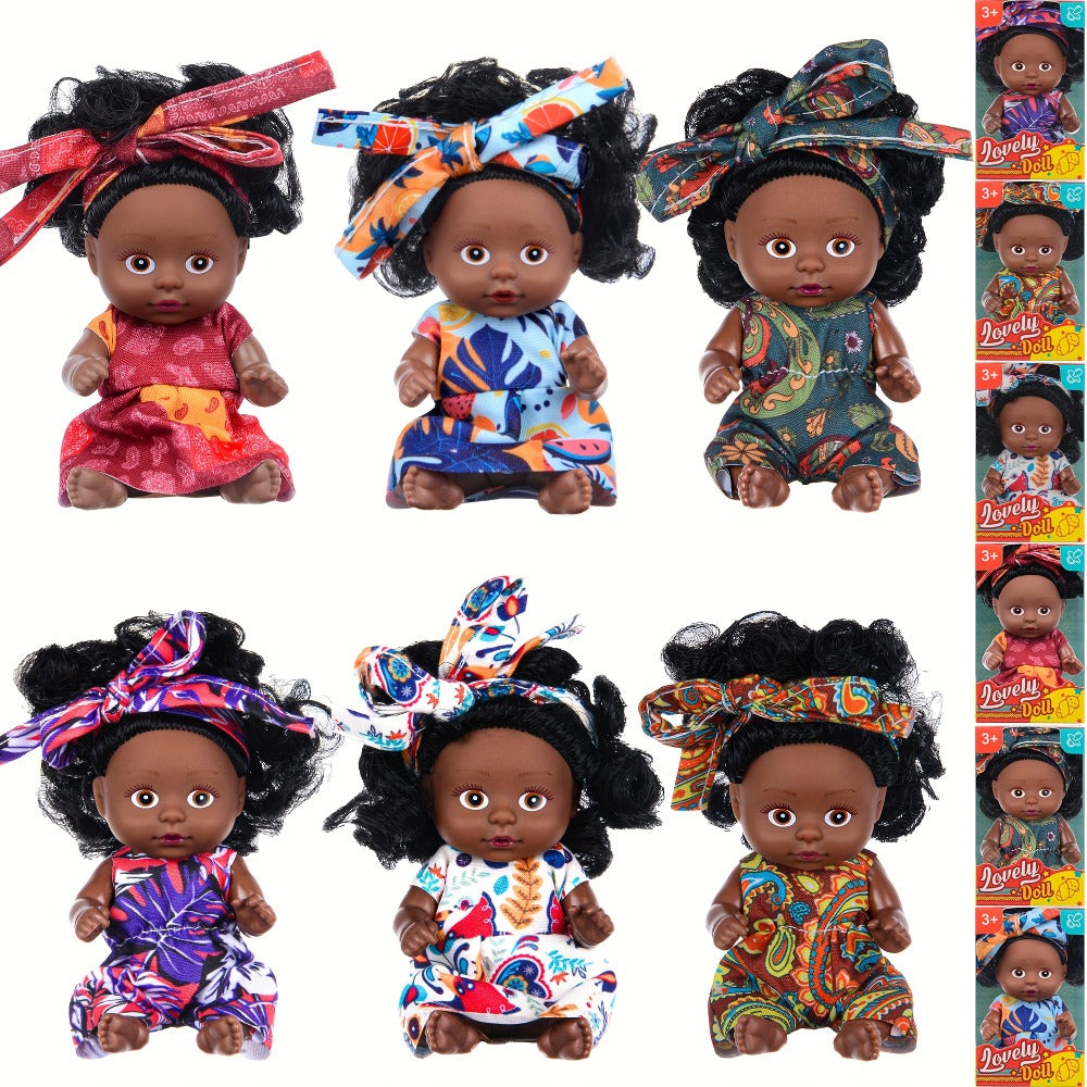Miniature Girl Doll Set 6 Pcs 4 Inch Articulated Arms & Legs, Colorful Outfits Printed Headscarf