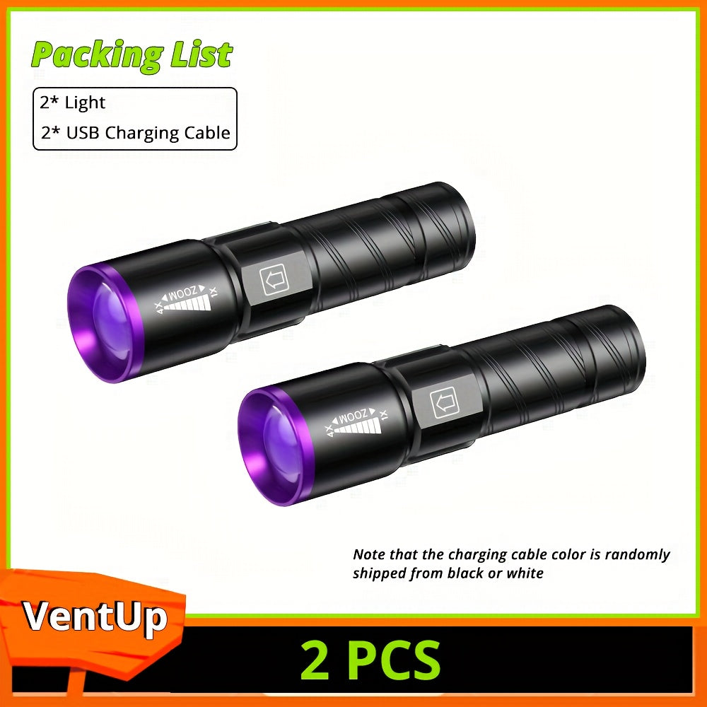 UV Blacklight 2 Pack Rechargeable Portable, Adjustable Brightness & Zoom Ultraviolet Lamp for Home and Salon Manicures
