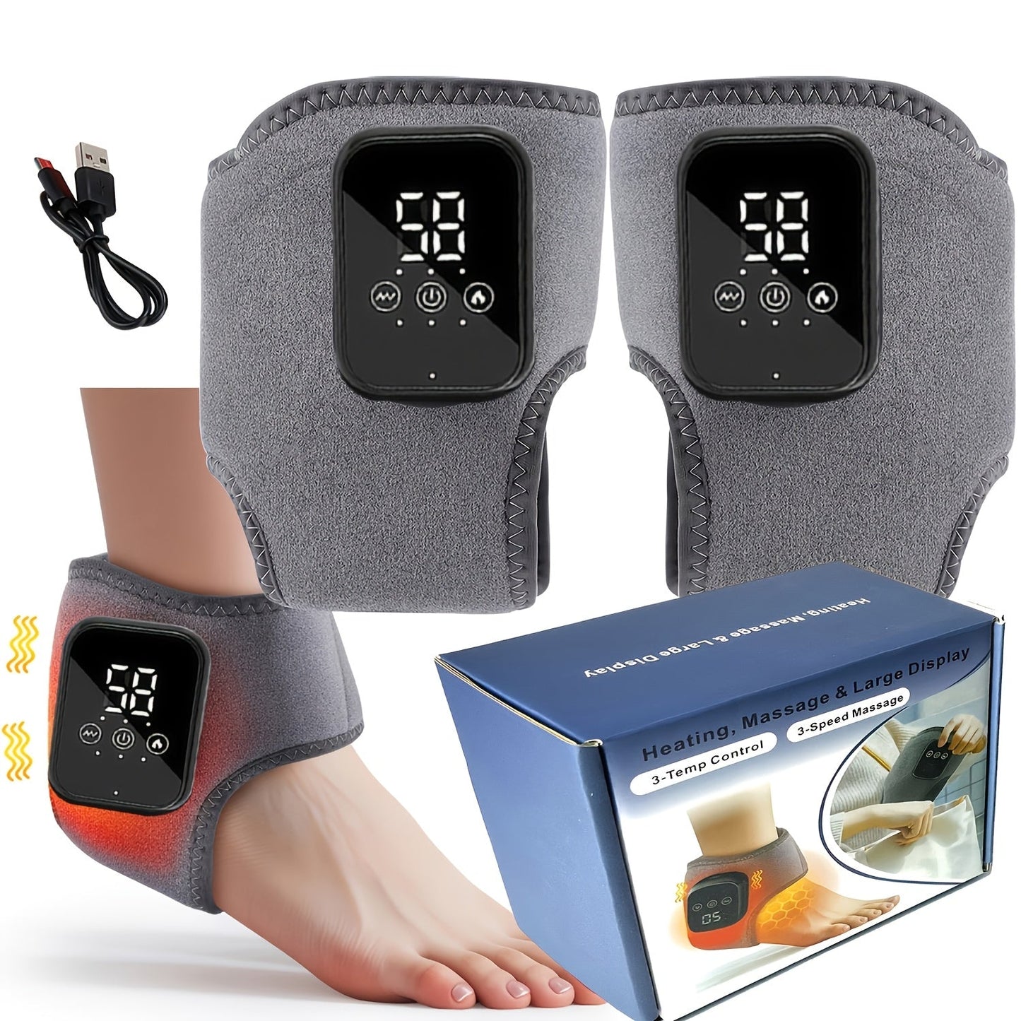 Heated Ankle Wrap Massager with Five Heat Levels, Three Vibration Modes and One- or Two-Piece Options