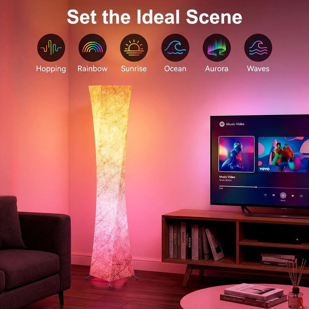 Led Floor Lamp, Smart RGB Music Sync Dimmable Color Changing App Remote Control White Fabric Shade for Living Room Bedroom Office Decor