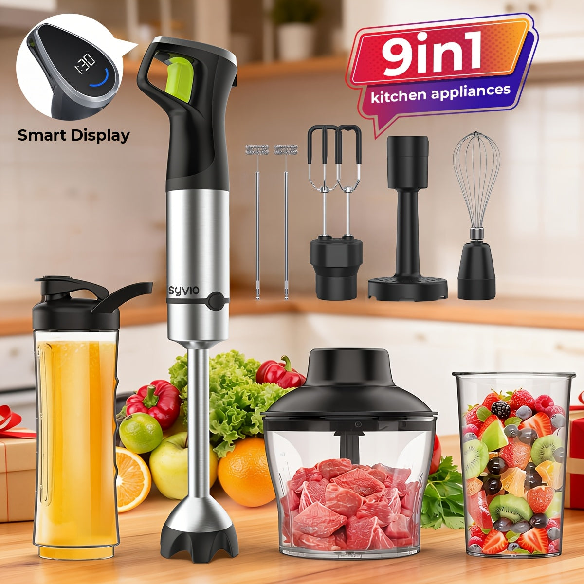 9-in-1-Labeled Immersion Blender Set with Time Display, Chopper, Beaker, Whisk and Frother