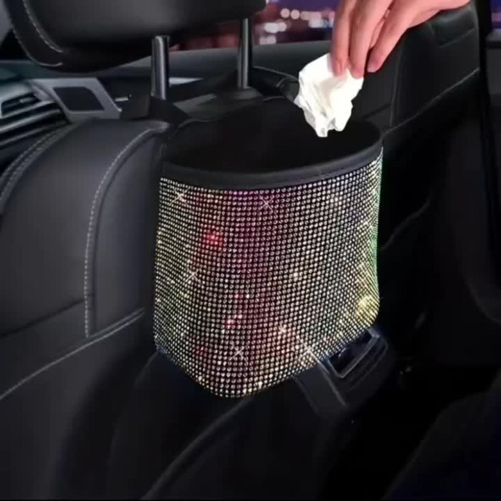 Hanging Rhinestone Car Trash Bin with Seat-Back Strap, 18 × 21 × 10 cm Size and One Liner Bag
