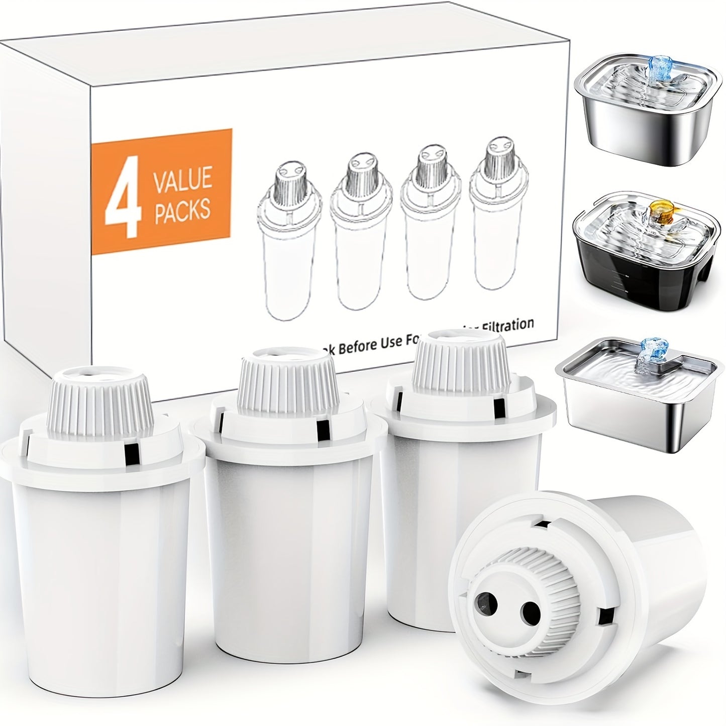 Pet Water Fountain Replacement Filter 4-Pack – 7-Layer Vertical Filtration + Silent Pump with Low-Water Red Light Alert