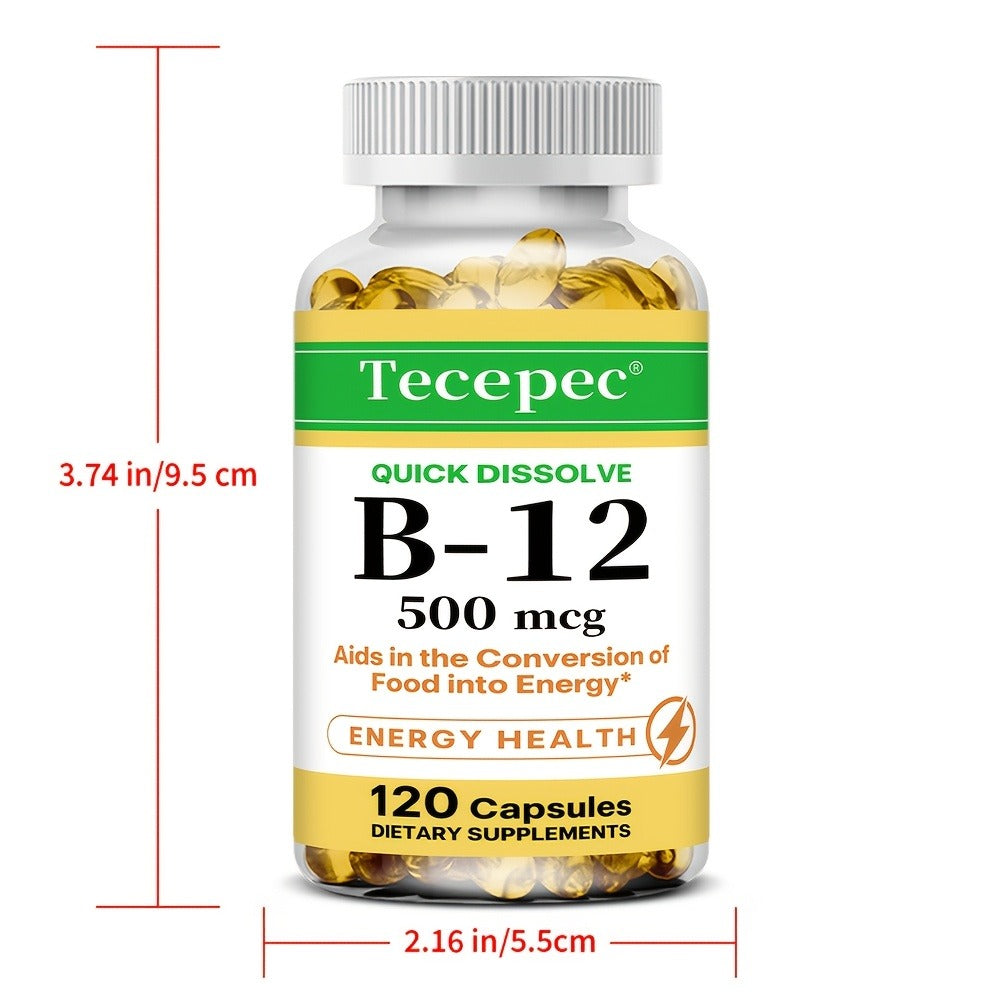 Vitamin B12 500mcg Capsules 120 Count for Women Men for Bath Time, Home Spa and Personal Care