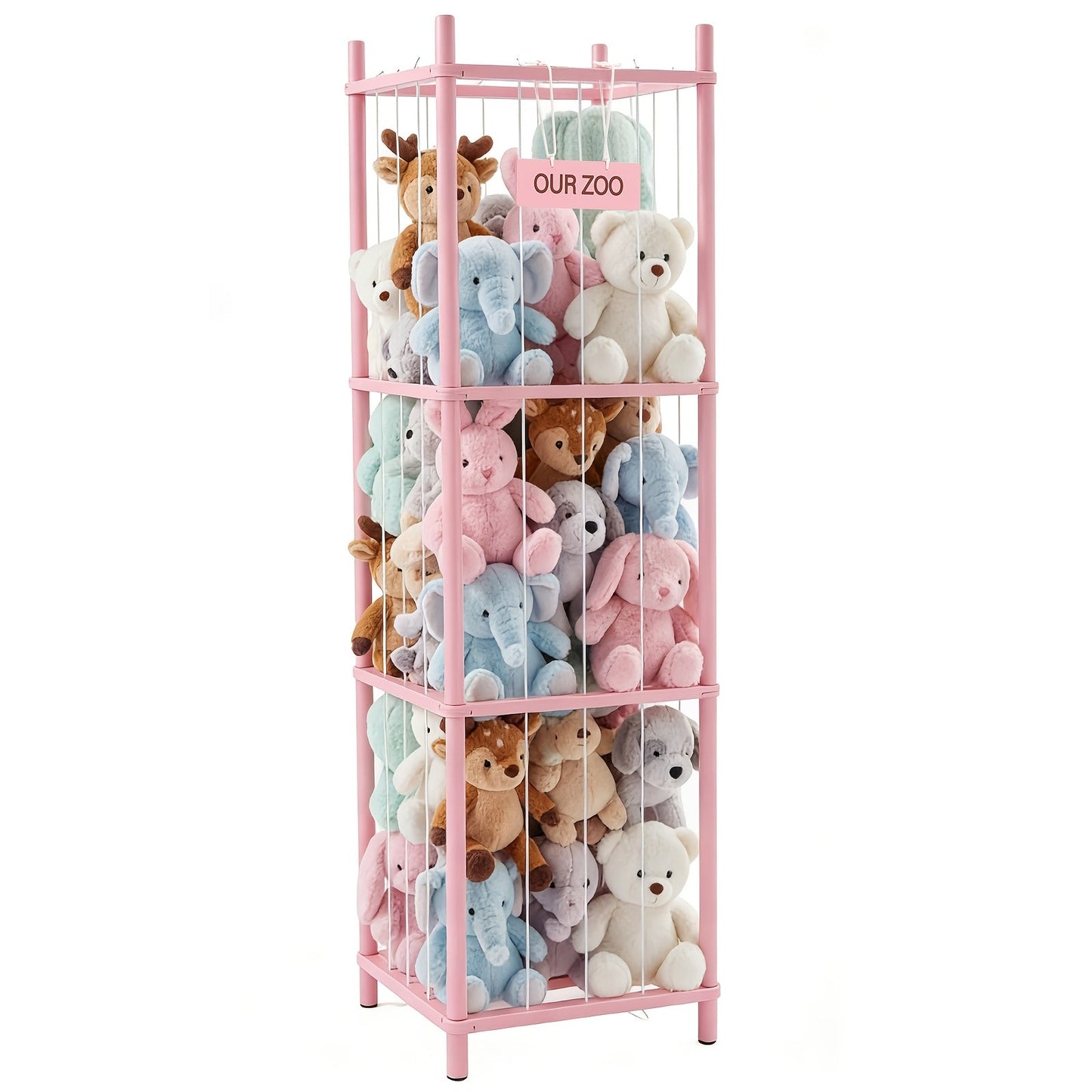 Four-Tier Stuffed Animal Storage Organizer with Rectangular Open Frame in Natural, White or Pink