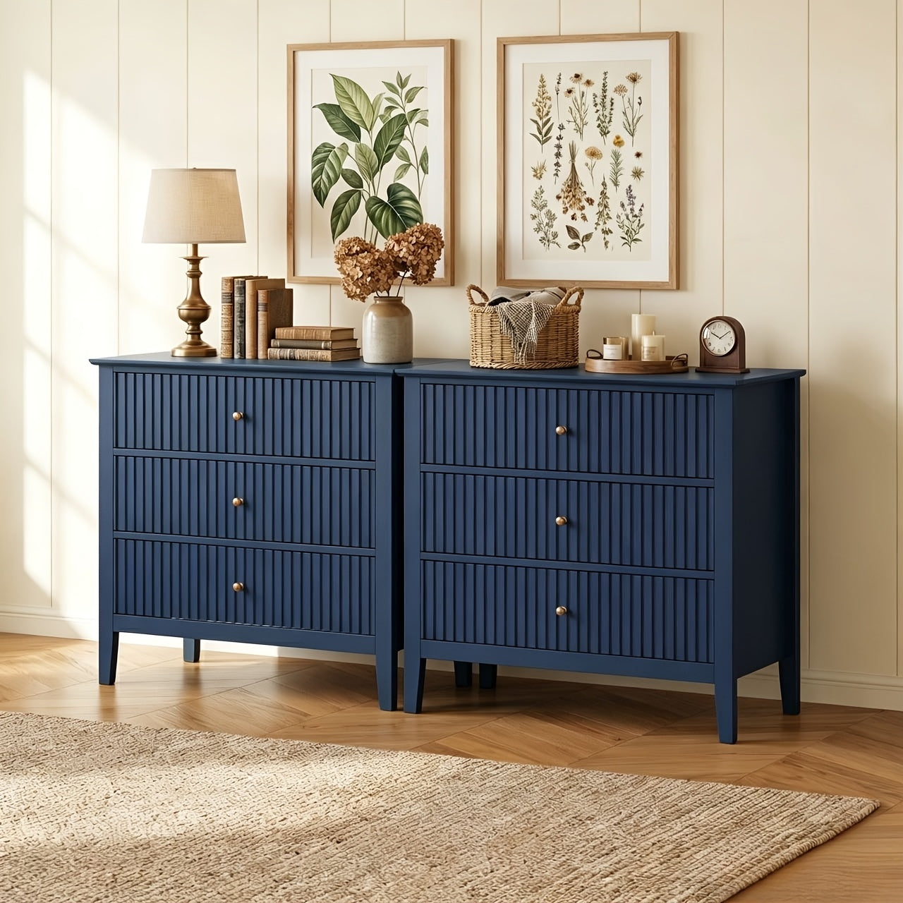 Nightstand shown in the Blue, 3 storage compartment Dresser(Set of 2) option