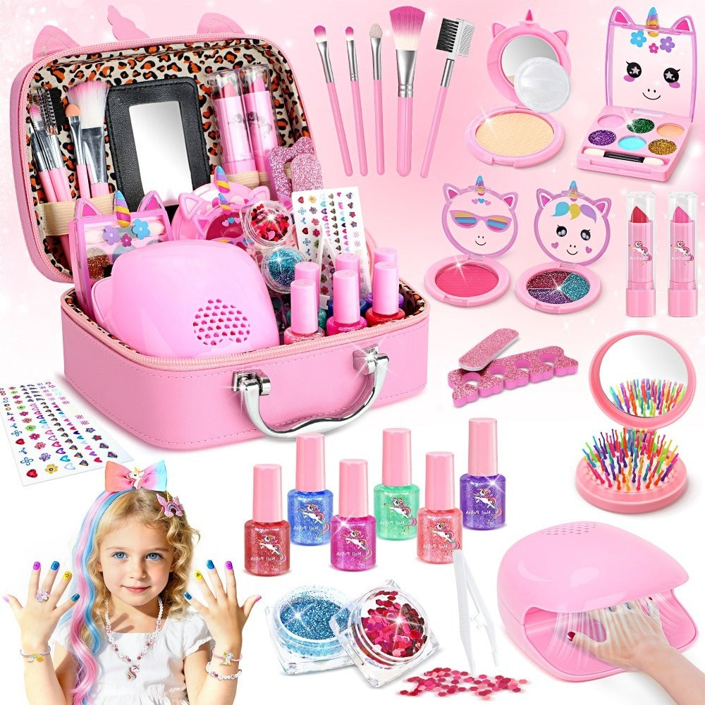 Kids Makeup Set for Girls, 2-in-1 Princess Makeup & Nail Art Kit, Pretend Play Cosmetics with Nail Polish