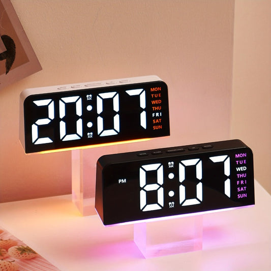 Purple-Accent LED Desk Alarm Clock with Time, Weekday and Date Display, Four Brightness Levels and USB Power