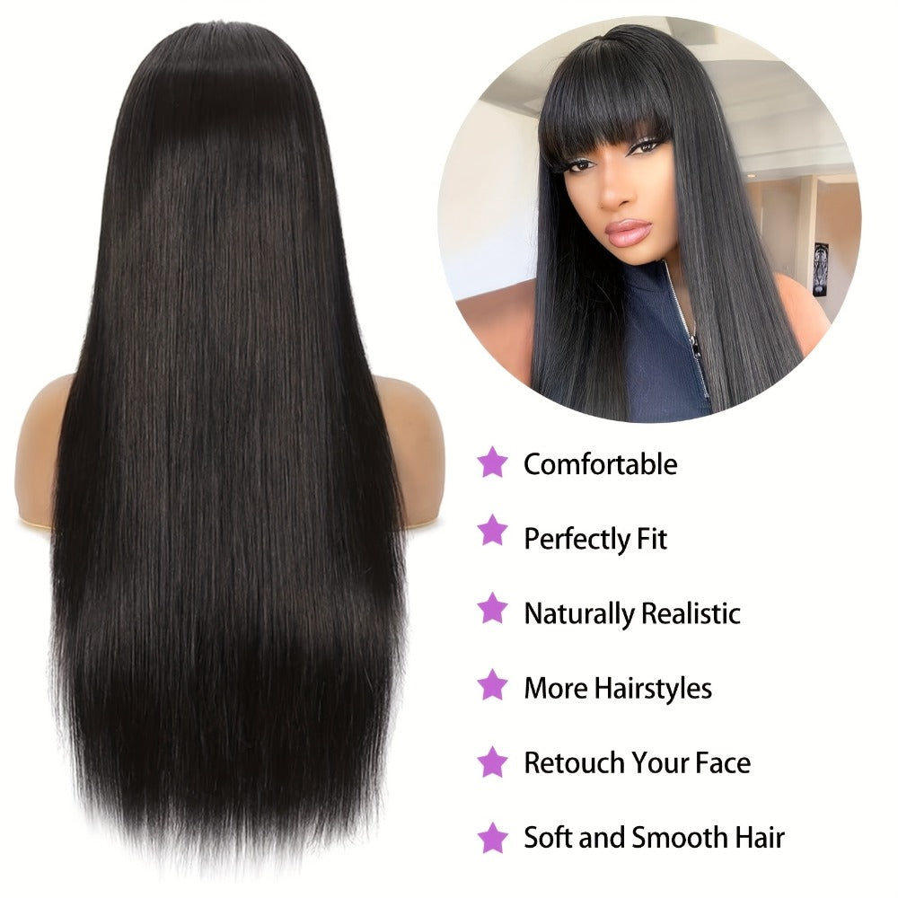 Synthetic Wig 26-Inch Black Straight Style with Full Bangs, Fiber and Machine Cap with Item-Specific Color, Length, Texture and Cap Choices
