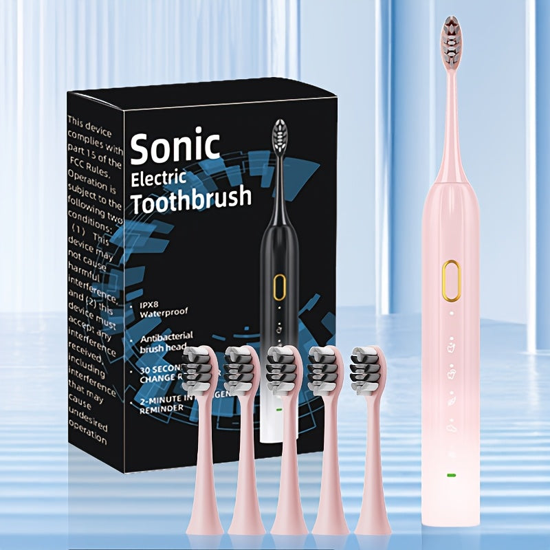 Sonic Electric Toothbrush IPX8 Waterproof USB Rechargeable with 5 Replacement Brush Heads, Smart Timer, Metal Shaft