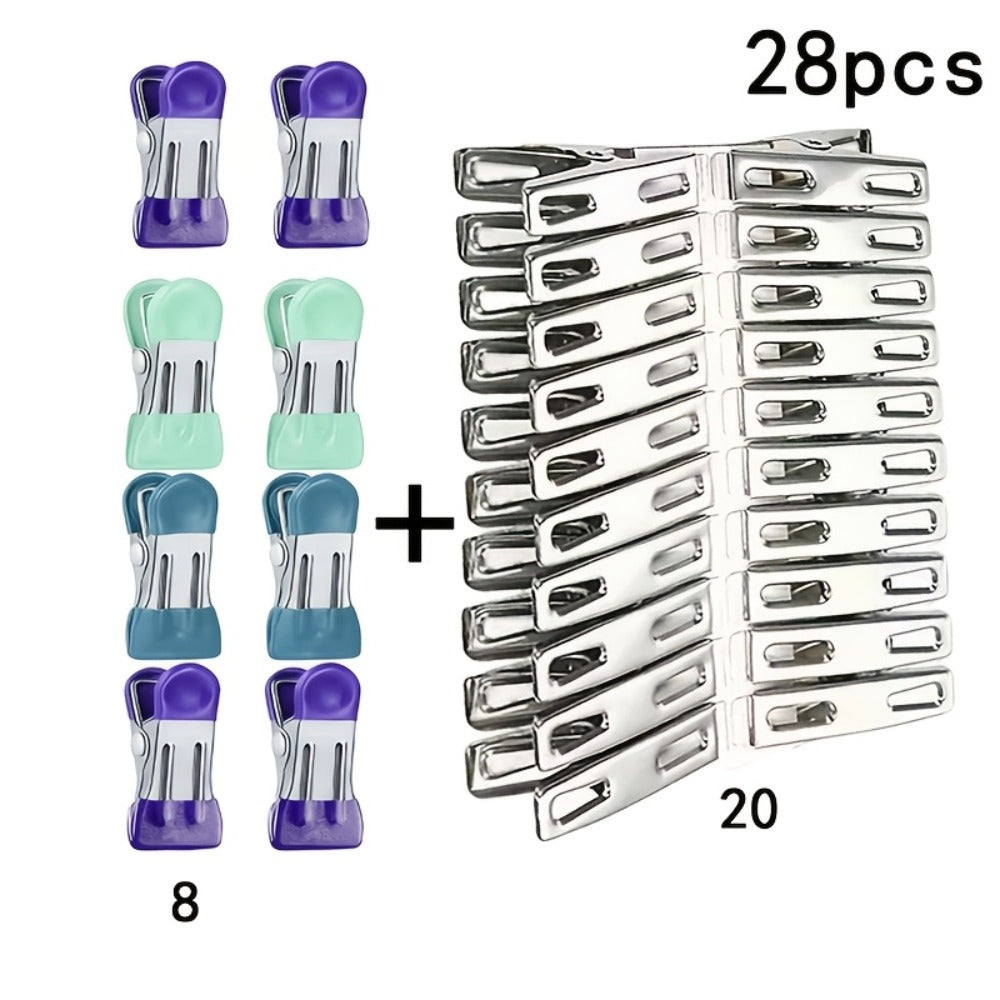 Stainless Steel Clips 28pcs Heavy Duty Rustproof | Multipurpose Airtight Sealing Clips for Food Bags Clothes Hanging | Kitchen Office Home