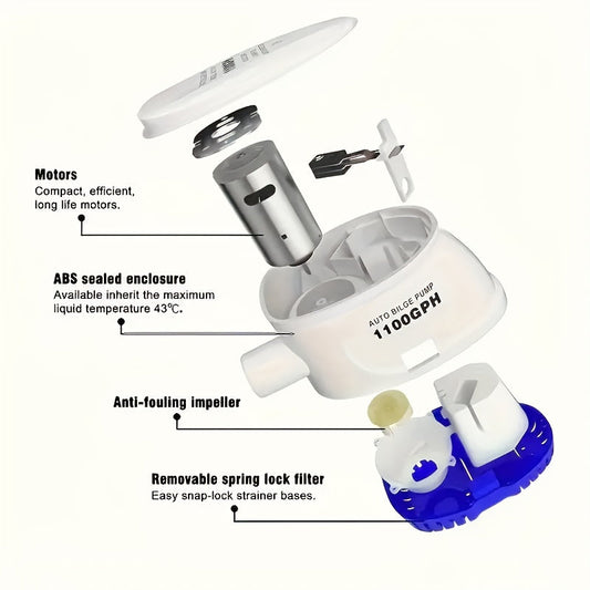 Automatic 12V 1100GPH-Label Bilge Pump with Integrated Float Switch, Side Outlet and Strainer Base