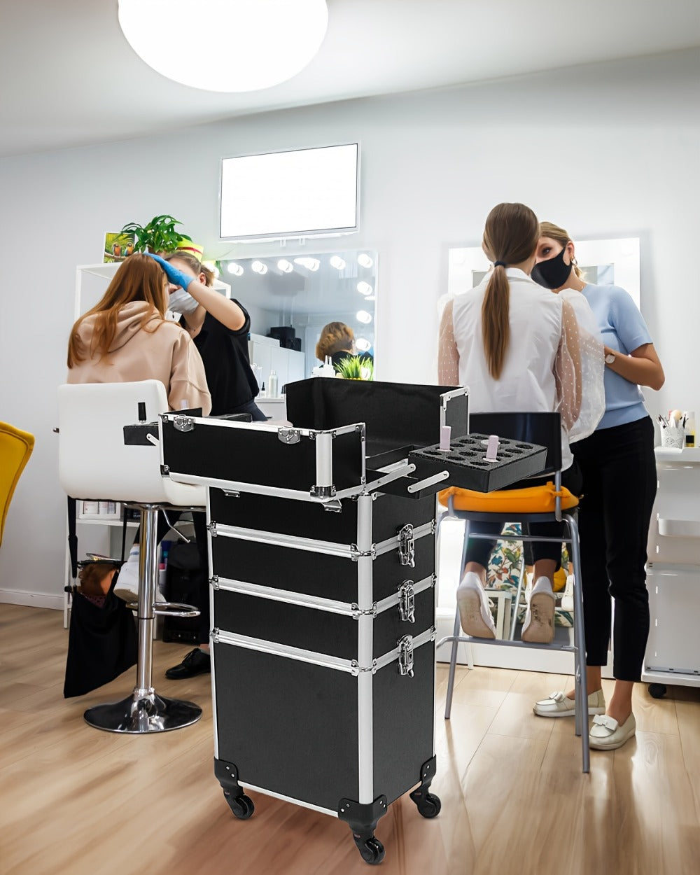 Rolling Makeup Train Case 4-in-1 Black Cosmetic Trolley with 360° Swivel Wheels & Makeup Sponges Set – Large Professional Salon Travel
