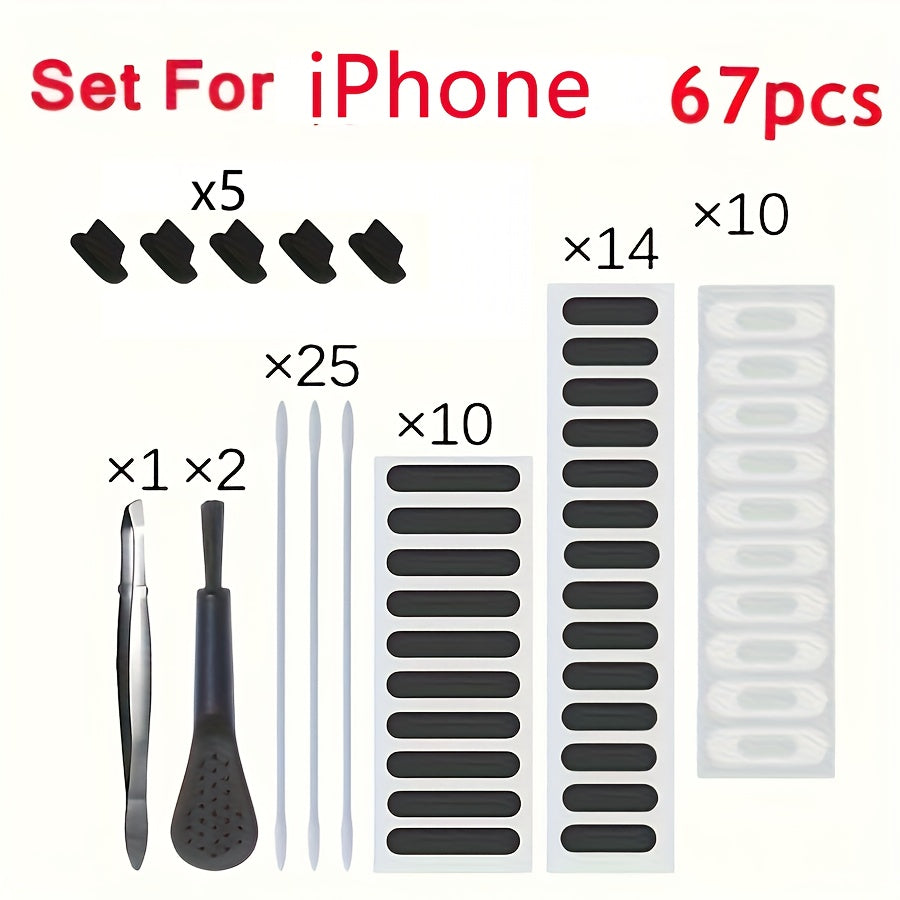 Phone Dust Plug Kit 67PCS – Type-C & Lightning Port Protectors, Speaker Dust Mesh Stickers, Cleaning Brush Set