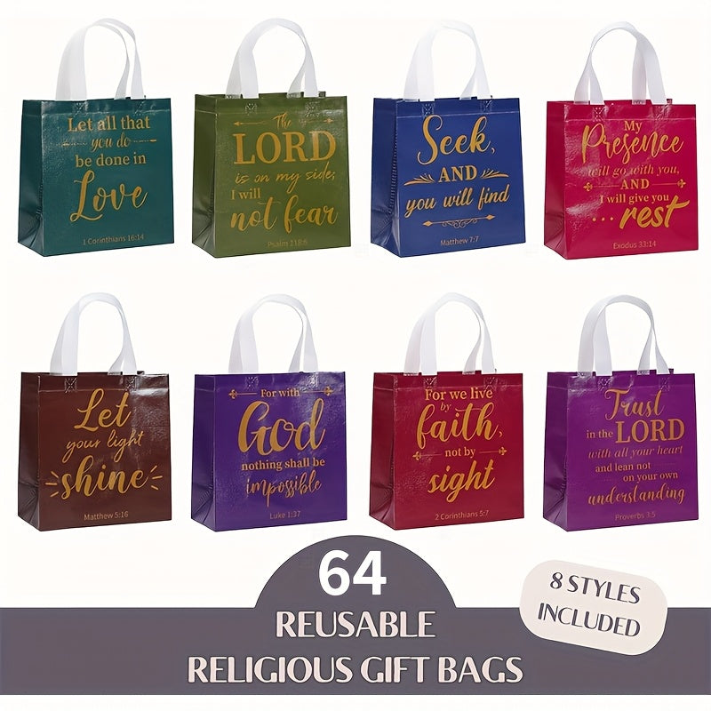 Gift Bag Set Bible Verse Print, 32 or 64 Non-Woven Bags in Eight Colors with White Handles and 9.06 x 8.66 x 4.33 Inch Size