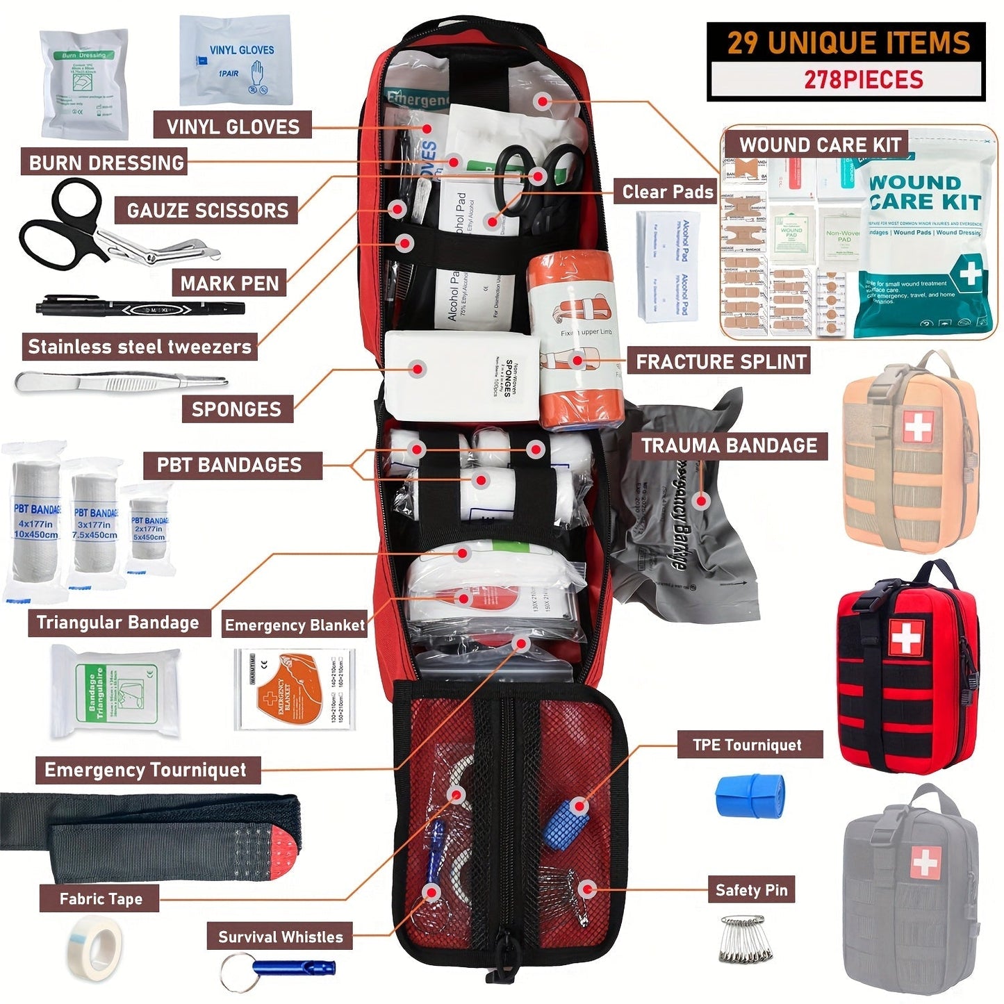 278-Piece First Aid Supply Kit in Roll-Out Tactical Bag with Black, Orange or Red Case Options