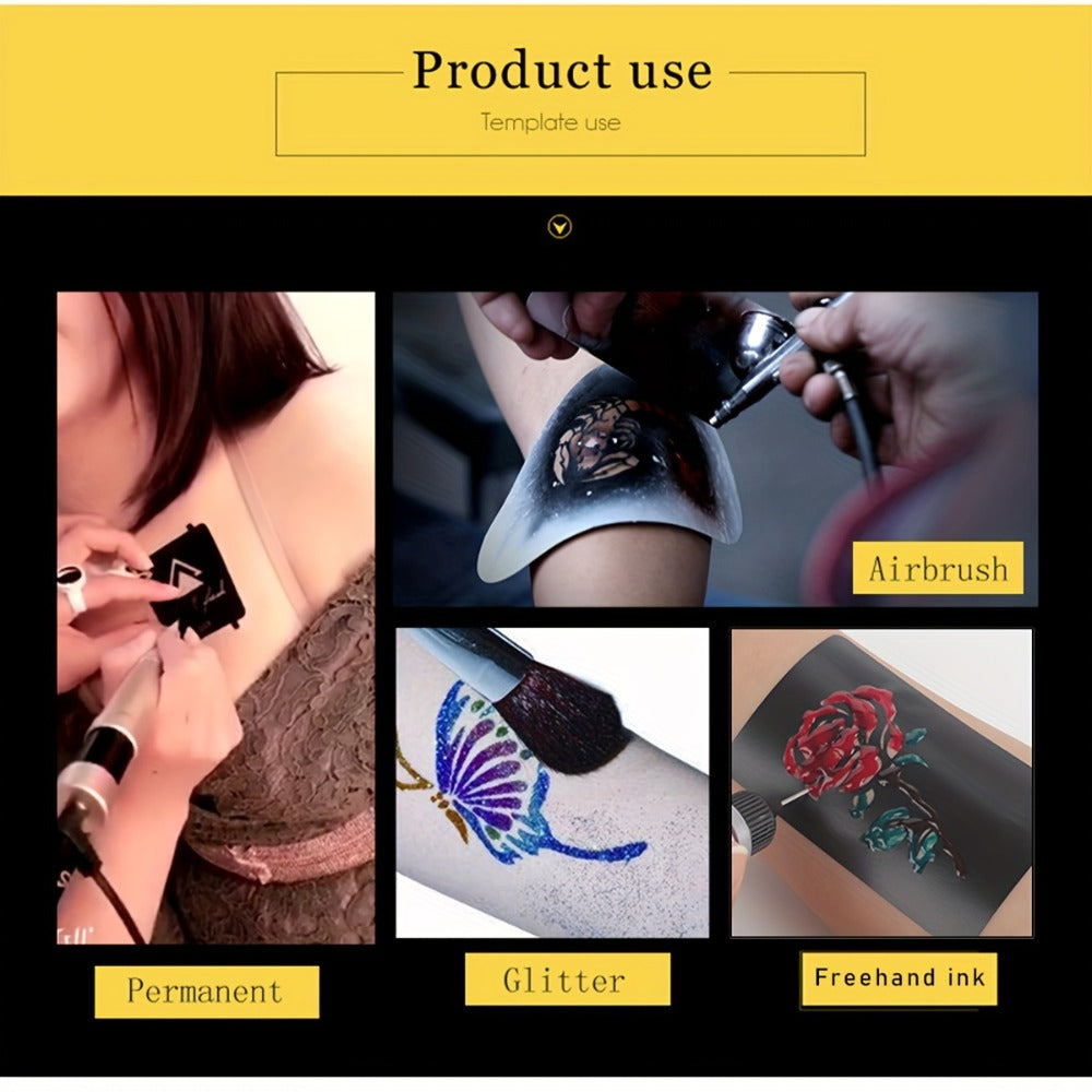 DIY Tattoo Stencils Set 12 Sheets Hollow Design Templates | Reusable Body Art Kit for Arm Ankle Ear Wrist | Waterproof Compatible with Juice
