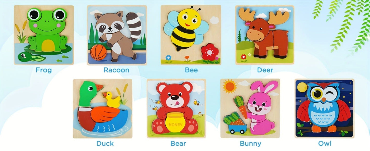 Baby Animal Wooden Puzzles for Toddlers 8 Pack, Infant Learning Toy 12 Months+, Bear Bunny Owl Frog Bee Duck Moose Raccoon