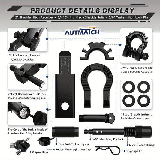 Shackle Hitch Receiver 2-Inch 68, 000 lb Break Strength with 3/4" D-Ring & 5/8" Hitch Lock Pin – Heavy Duty Drop Forged Steel 8-Ton Vehicle