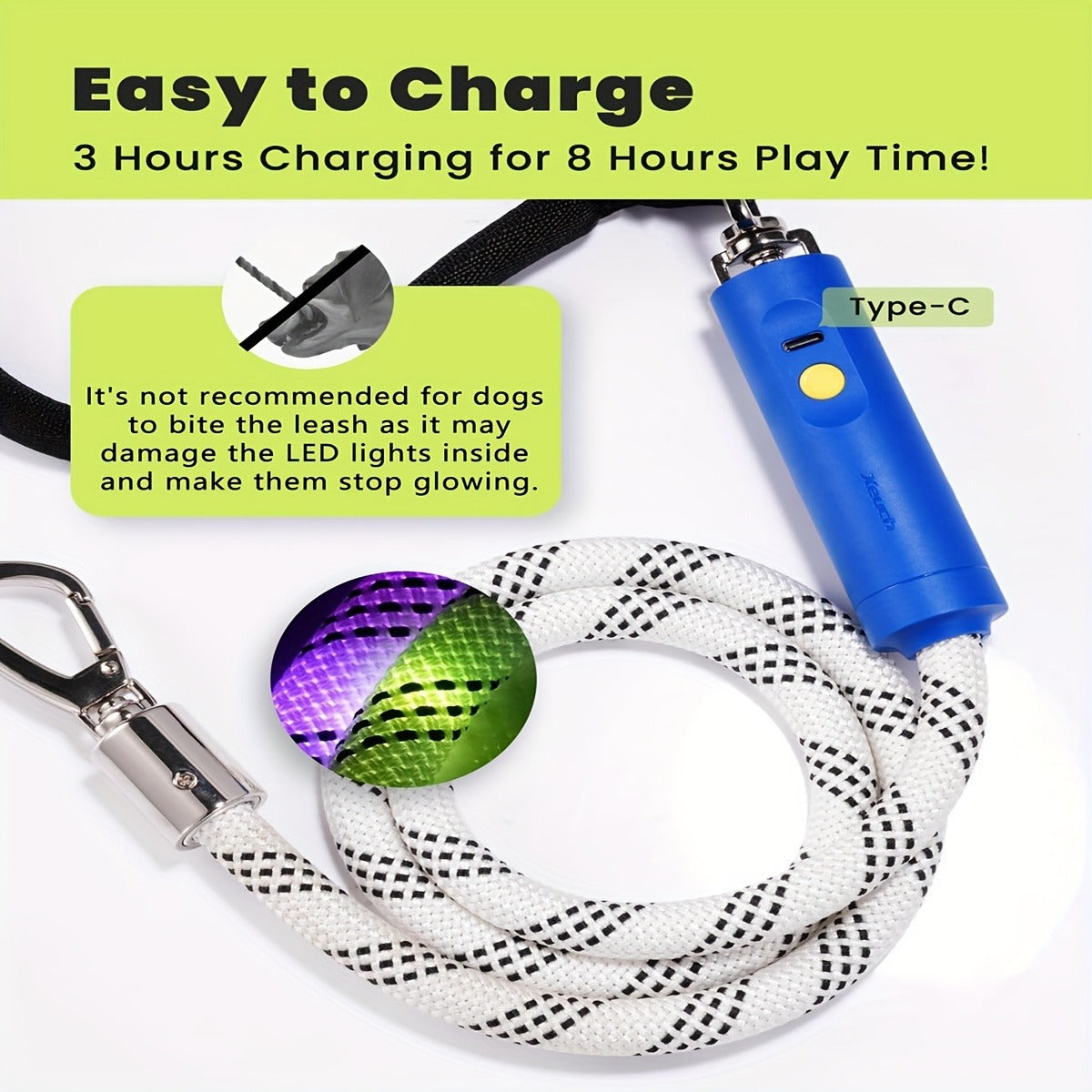 LED Dog Leash 4FT Light Up with 13 Lighting Modes & Tangle-Free Hook, Rechargeable Glow in the Dark Night Walking Leash