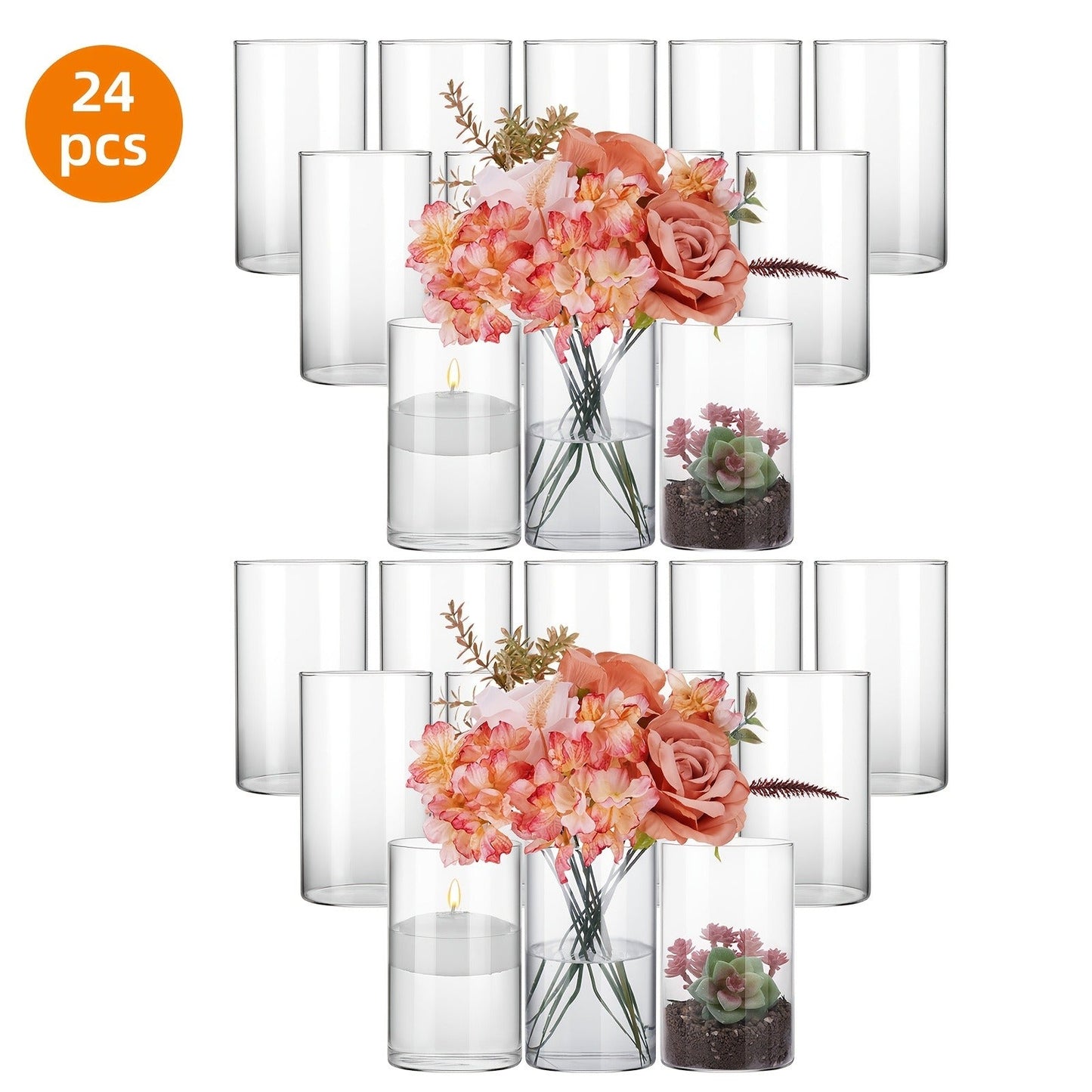 Glass Cylinder Vases for Centerpieces Bulk 12/24pcs, Clear Flower Vases for Wedding Decorations, Floral Arrangements