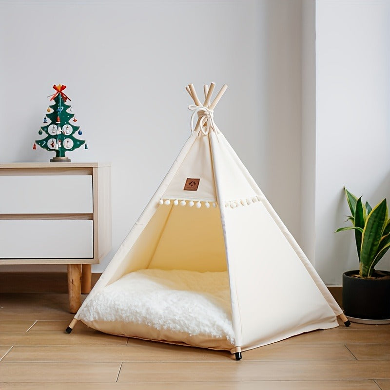 Pet Teepee Bed with Cushion – Linen Fabric Cat & Dog Tent, Dome-Shaped All-Season Indoor Outdoor House, Padded & Sturdy Frame