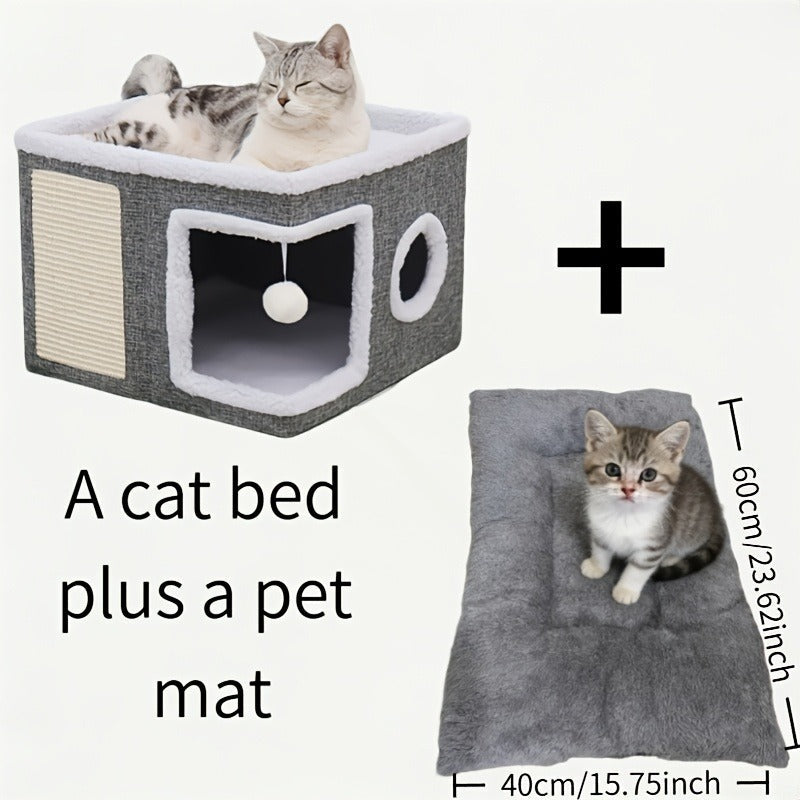 Foldable Gray Cat Condo with Top Platform, Scratch Panel, Openings and Four Cube-Style Options