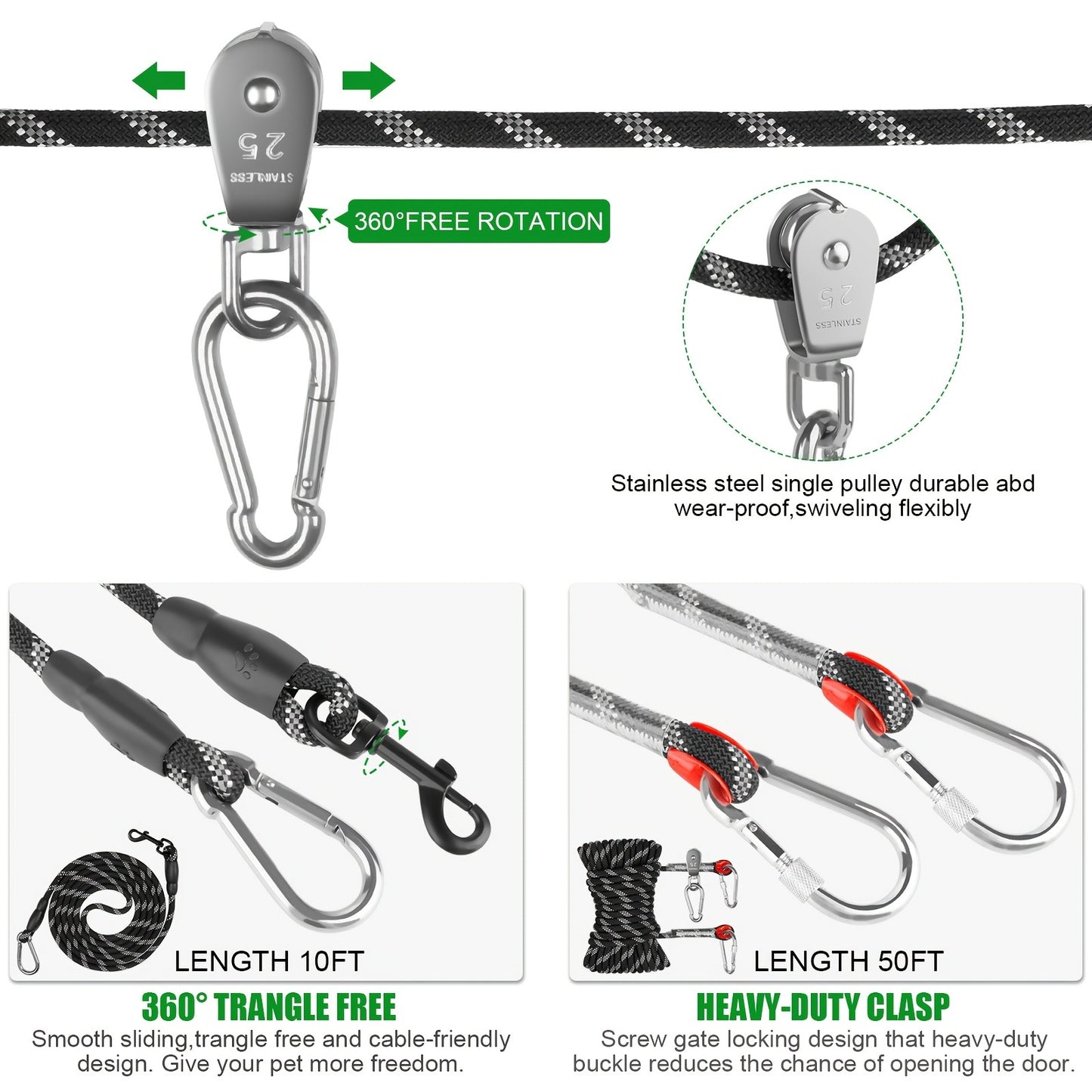 Overhead Dog Trolley System 75ft β Heavy Duty Reflective Cable Runner, Supports Up to 200lbs, Portable Easy Setup for Yard, Park