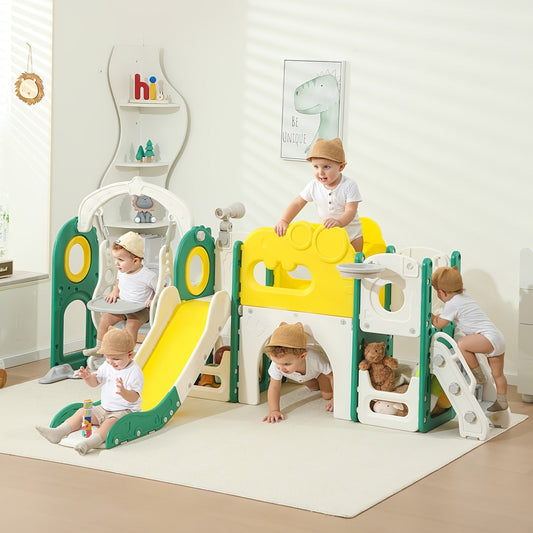 9-in-1 Foldable Toddler Slide with Basketball Hoop Telescope Climbing Set Indoor Outdoor Kids Playset Extended Slide for Toddlers Boys Girls