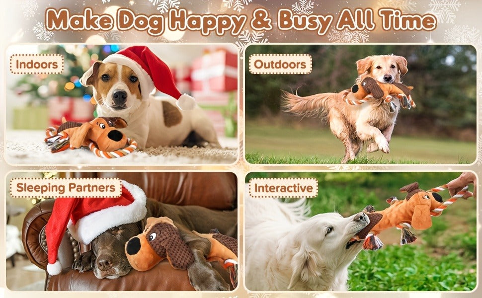 Dog Toy Plush Rope Animal with Squeaker, Crinkle Paper and Four Styles for Chew, Tug and Fetch Play